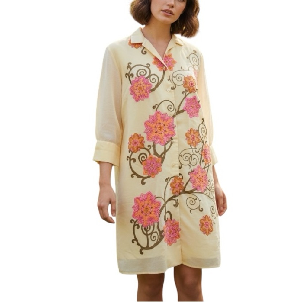 Vintage Alfred Shaheen Yellow Floral Screen Print Signed Shirt Dress